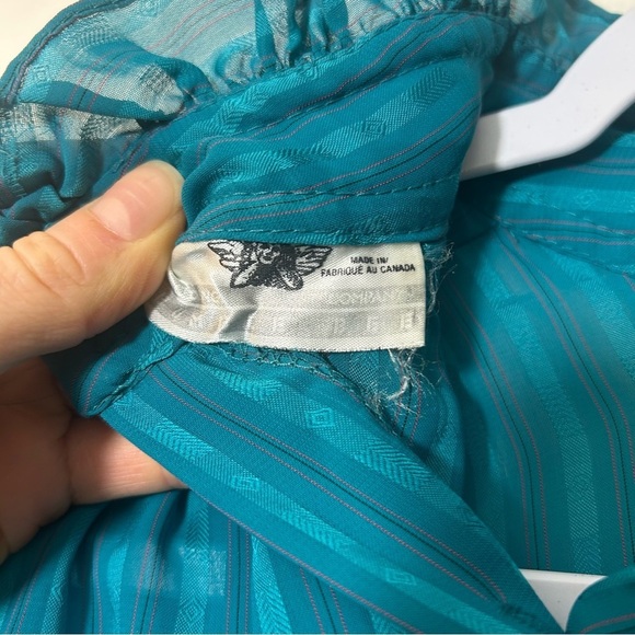 BUMBLE BEE | Teal Vintage Button Up Long Sleeve Blouse With Ruffle Neck Collar - Picture 6 of 9